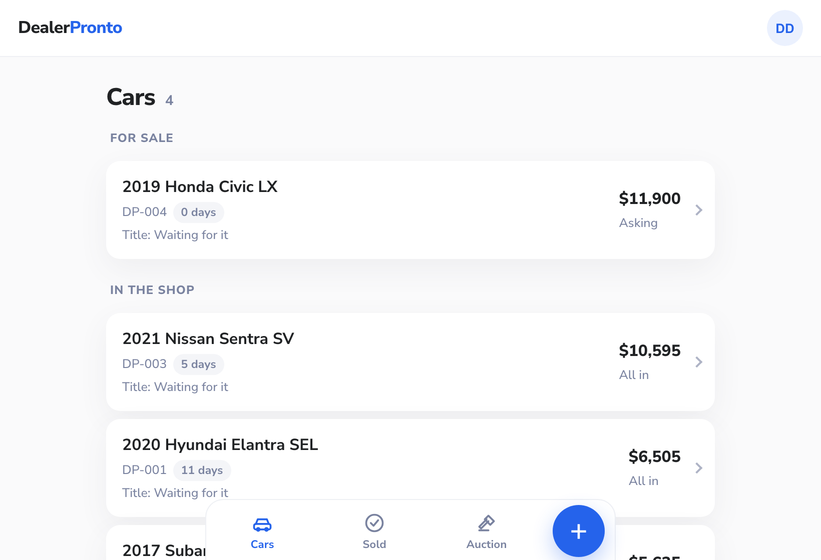 The Cars tab in DealerPronto on a computer: cars for sale and in the shop, each with its all-in cost