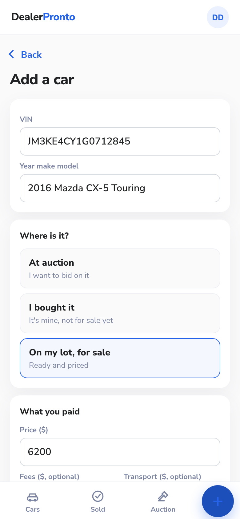 Adding a car on a phone: VIN, year make model, and what you paid