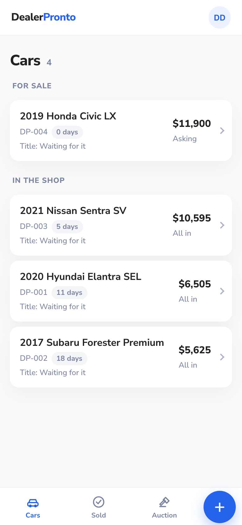 The Cars tab in DealerPronto on a phone